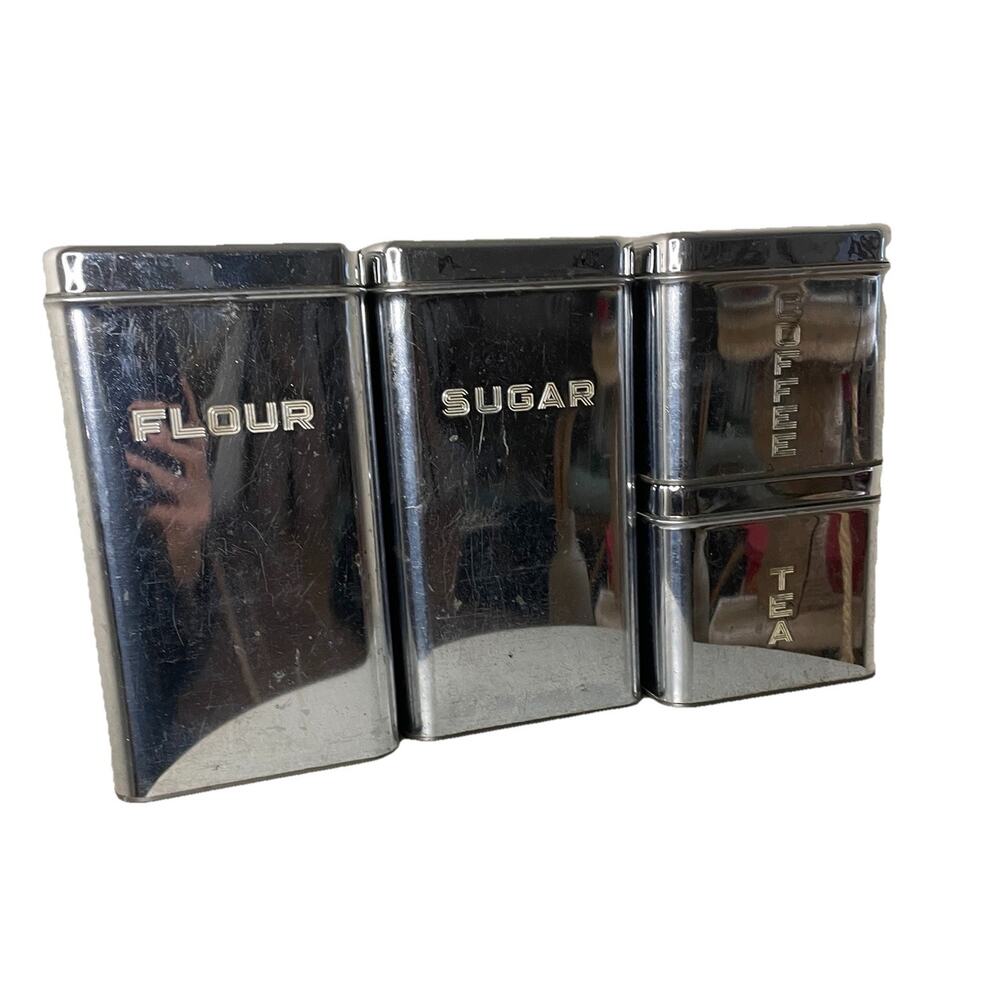 Vintage Lincoln Beautyware Chrome Canister Set of 4 Tea Coffee Sugar Flour MCM